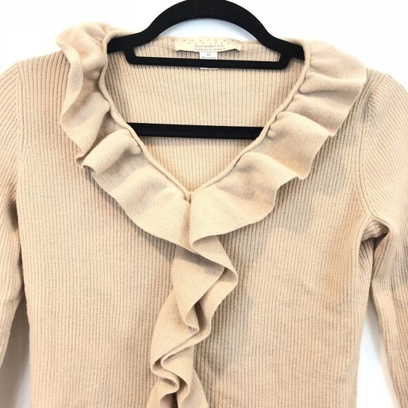 Belford Petites Beige Ruffle Trim V-Neck Cardigan PS 100% Extrafine Merino Wool - Picture 4 of 6